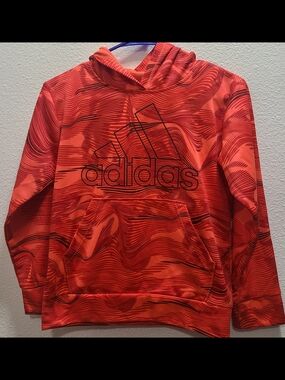 adidas Kids Orange Red Wave-Print Hoodie with Black Logo